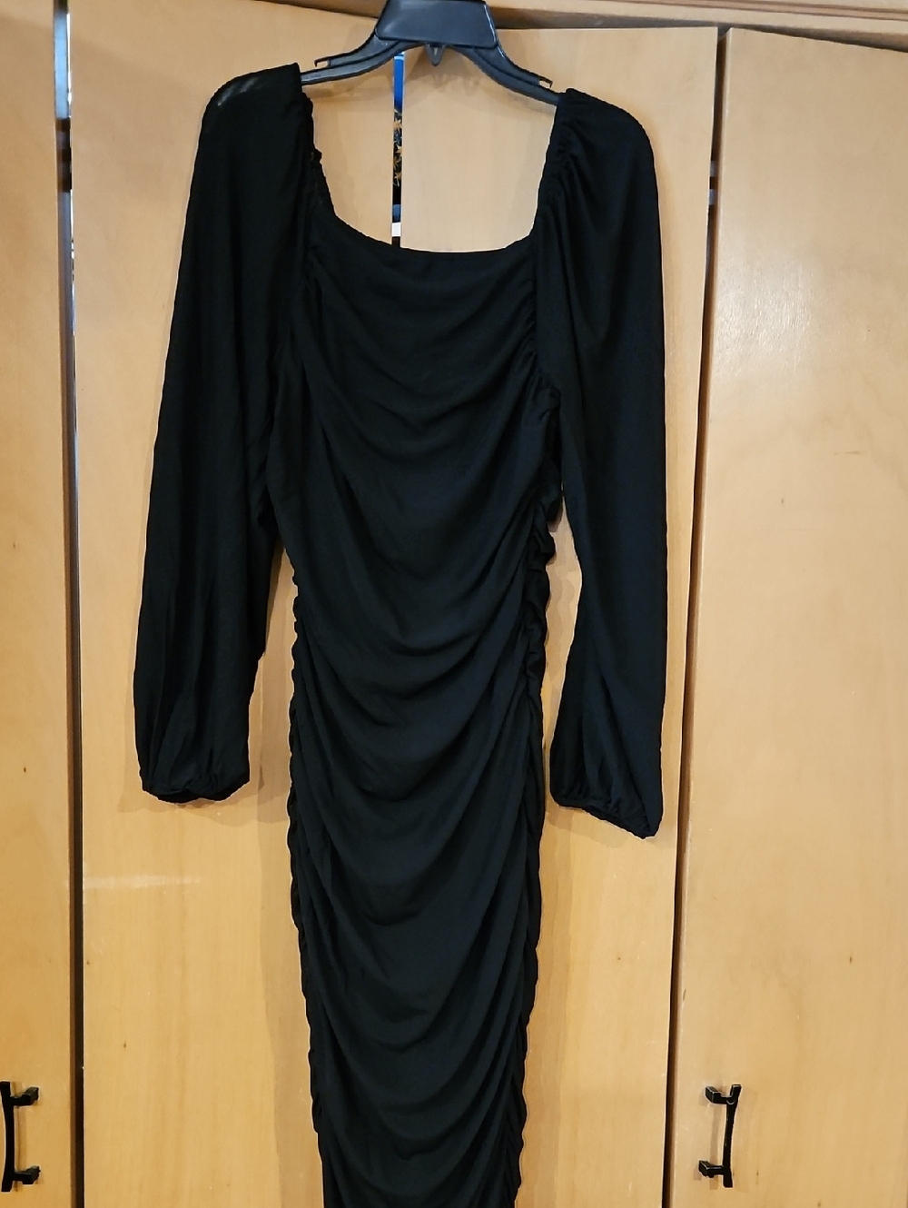 Black Ruched Long-Sleeve Women's Dress Midi Length